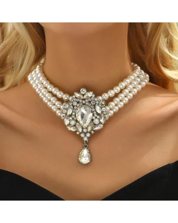 Colier choker, argintiu, masiv, cu pietre si perle, Osias C5