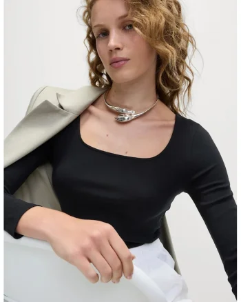 Bluza de bumbac cu decolteu patrat, Negru
