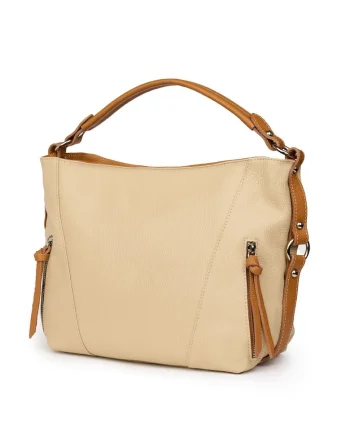 Geantă din piele naturală  Samira crem/coniac, dimensiuni 27x38x10cm, cu două compartimente, purtare pe umăr sau în mână, 27x38cm