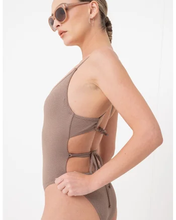 Costum de baie intreg cu insertii stralucitoare Lasca, Maro inchis
