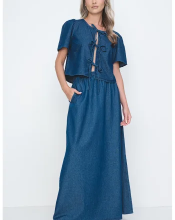 Bluza de denim cu prindere frontala si funde, Albastru inchis