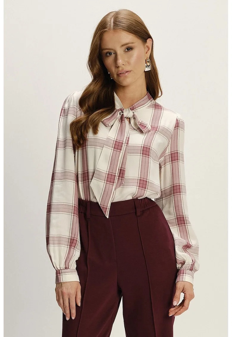 Bluza in carouri cu guler cu funda, Rosu/Alb optic/Bej deschis