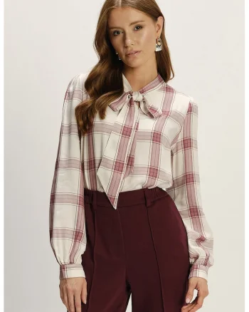 Bluza in carouri cu guler cu funda, Rosu/Alb optic/Bej deschis