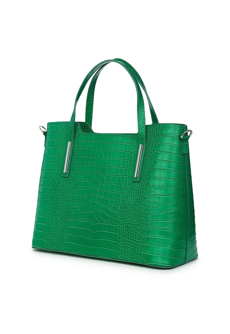 Geantă din piele amprentată  Carolina, verde, 27x37x15cm, două compartimente, bretea de umăr detașabilă