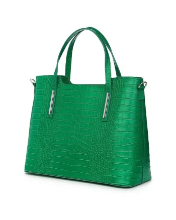 Geantă din piele amprentată  Carolina, verde, 27x37x15cm, două compartimente, bretea de umăr detașabilă