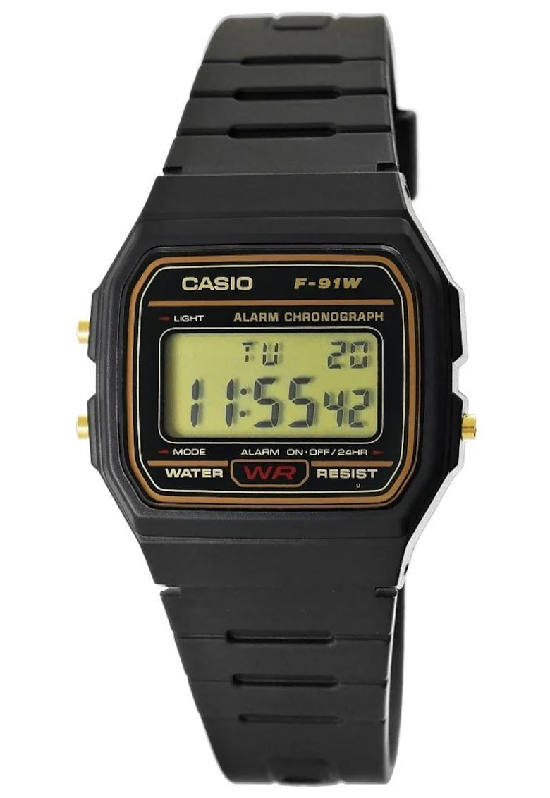 Ceas barbatesc,  F-91WM, digital, iluminare LED, rezistent la apa, negru, 33x38mm, Negru/Auriu