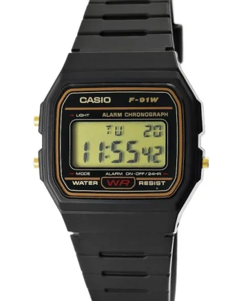 Ceas barbatesc,  F-91WM, digital, iluminare LED, rezistent la apa, negru, 33x38mm, Negru/Auriu