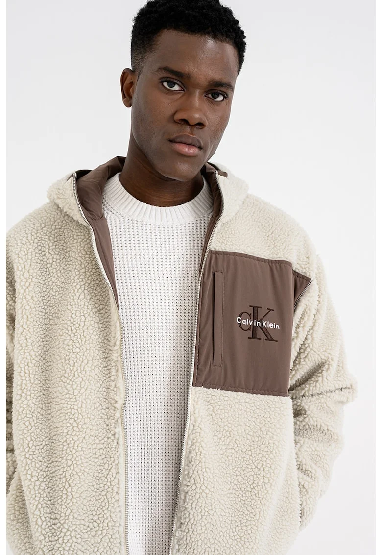 Geaca din fleece cu gluga, Maro/Crem