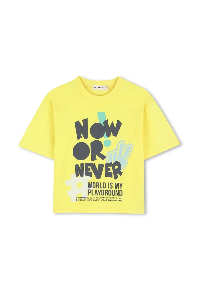Tricou cu decolteu la baza gatului si imprimeu text, Galben