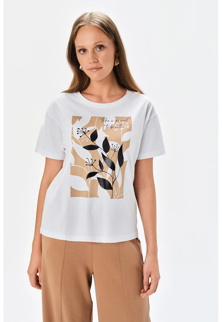 Tricou de bumbac cu imprimeu floral, Maro nisip/Alb optic