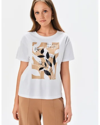 Tricou de bumbac cu imprimeu floral, Maro nisip/Alb optic