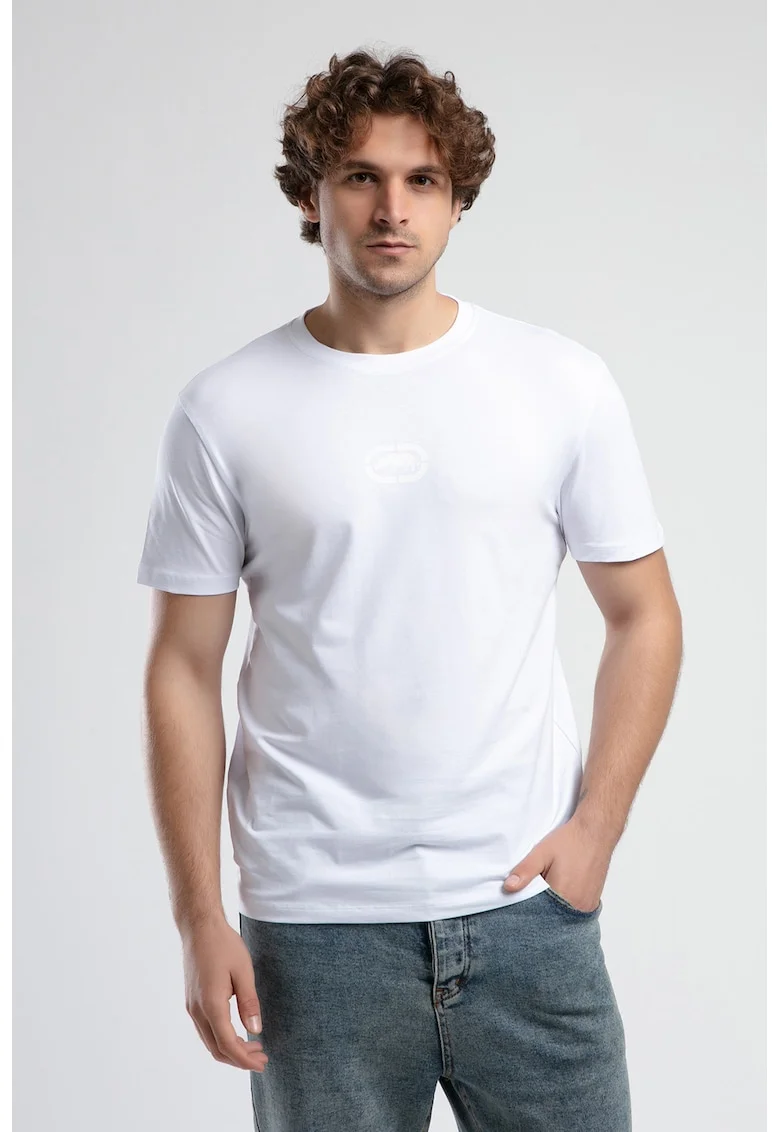 Tricou cu logo si decolteu la baza gatului, Alb