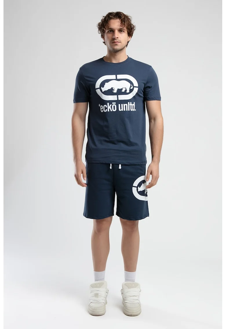Tricou cu decolteu la baza gatului si imprimeu logo Marc, Alb optic/Bleumarin