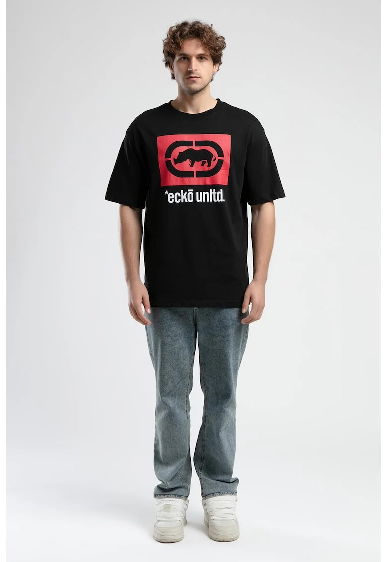 Tricou cu decolteu la baza gatului si imprimeu logo Marc, Rosu/Negru/Alb murdar