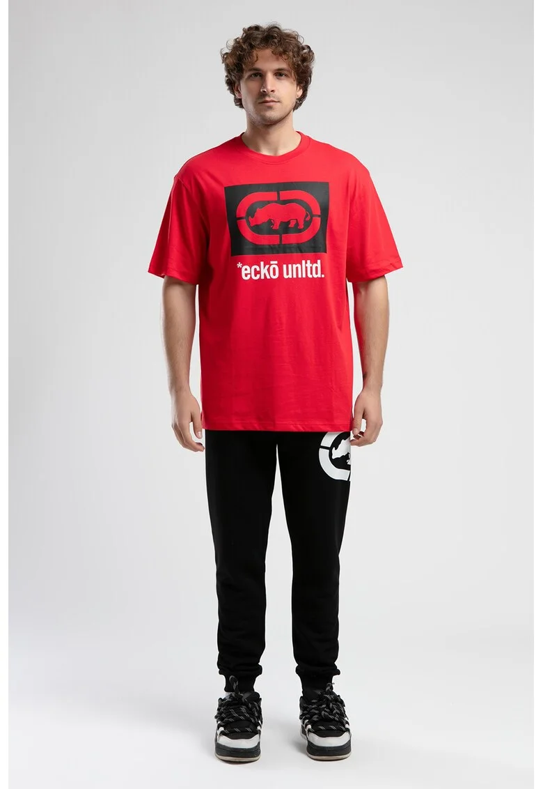 Tricou cu decolteu la baza gatului si imprimeu logo Marc, Rosu/Alb/Negru stins