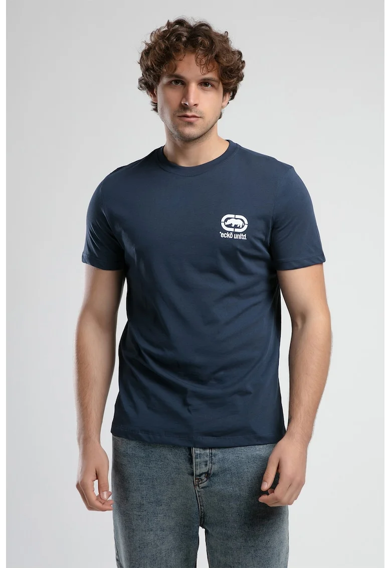 Tricou cu logo si decolteu la baza gatului Corinth, Bleumarin