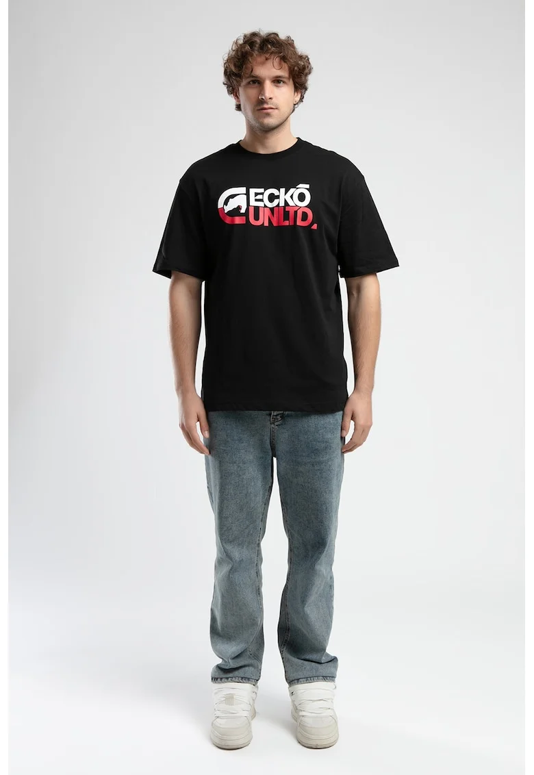 Tricou cu decolteu la baza gatului si imprimeu logo, Rosu/Negru/Alb optic