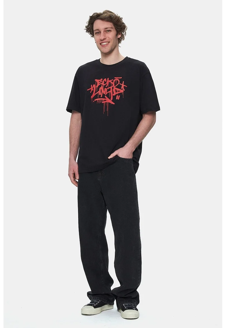Tricou cu decolteu la baza gatului si imprimeu grafic, Rosu/Negru