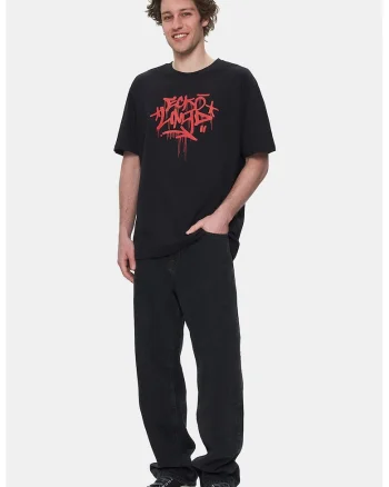 Tricou cu decolteu la baza gatului si imprimeu grafic, Rosu/Negru