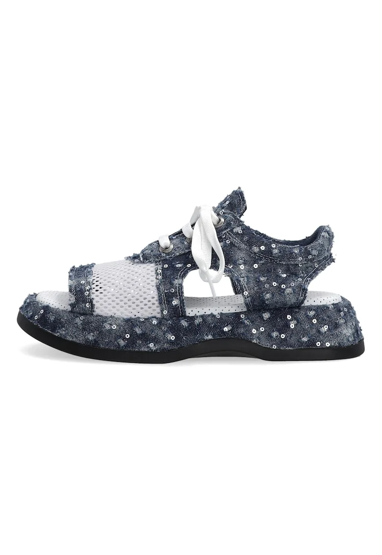 Sandale denim cu garnitura din plasa si paiete