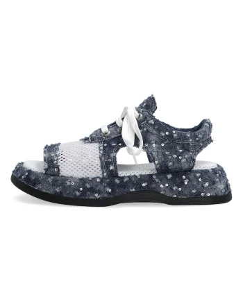 Sandale denim cu garnitura din plasa si paiete