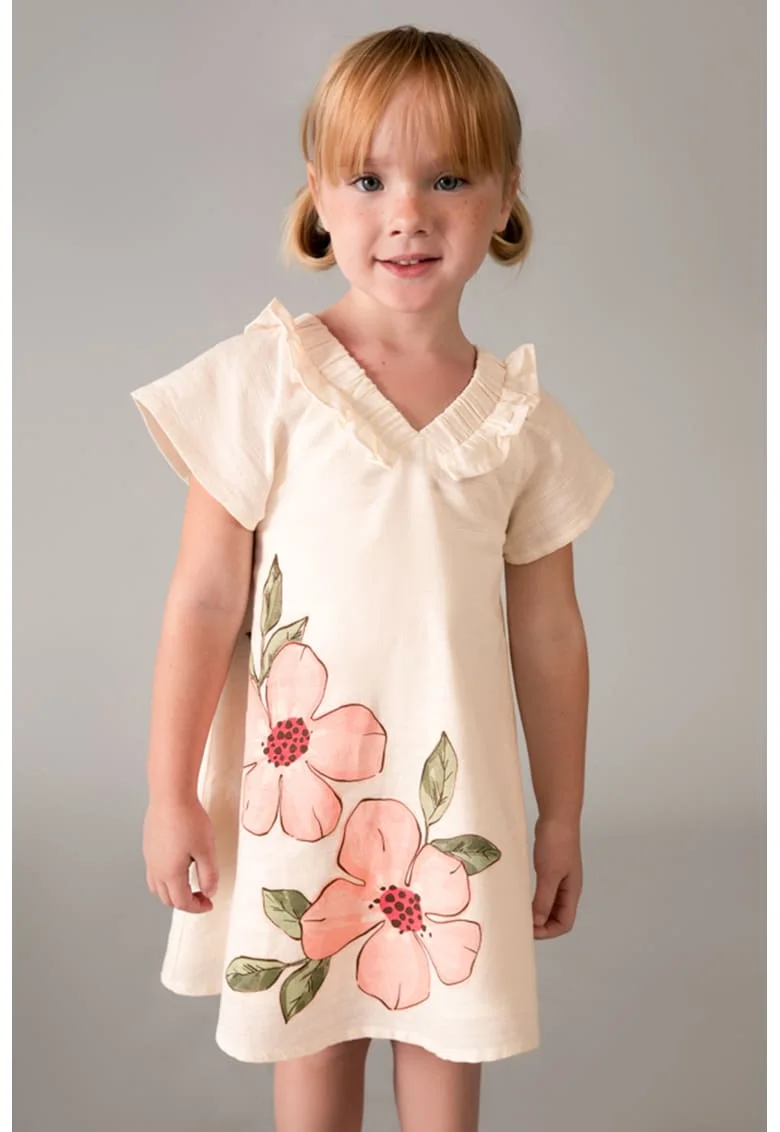 Rochie din amestec de in cu decolteu in V, Alb fildes/Roz