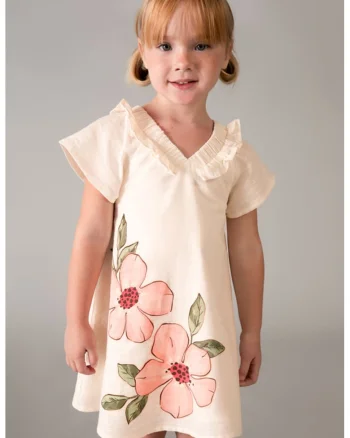 Rochie din amestec de in cu decolteu in V, Alb fildes/Roz