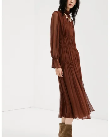 Rochie plisata din sifon, Maro cognac