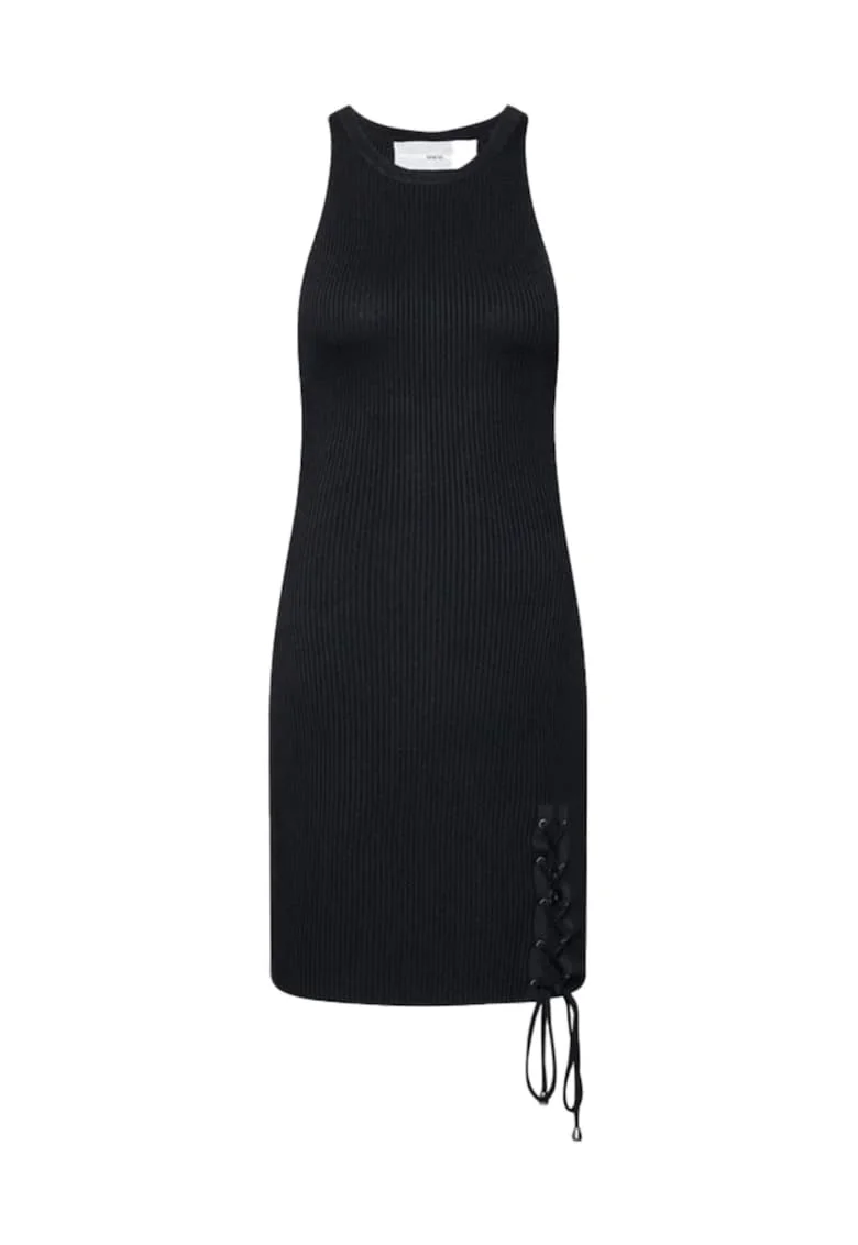Rochie tricotata cu striatii si slit cu siret, Guest Jeans, Negru, S Negru
