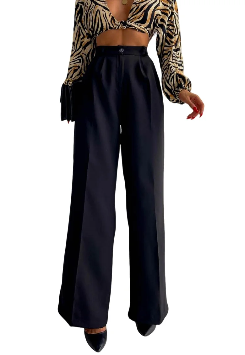 Pantaloni casual, evazati, cu talie inalta, pense, Negru