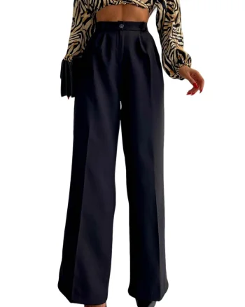 Pantaloni casual, evazati, cu talie inalta, pense, Negru