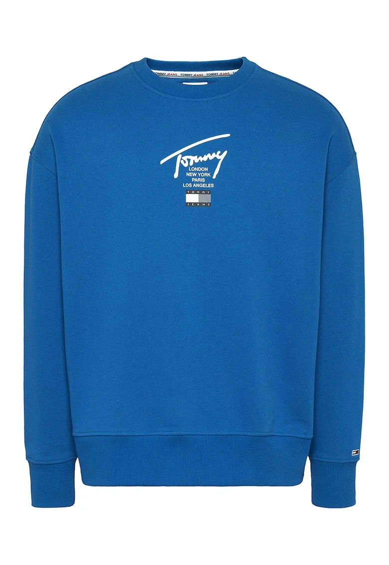Bluza sport cu decolteu la baza gatului si imprimeu logo Signature, Albastru
