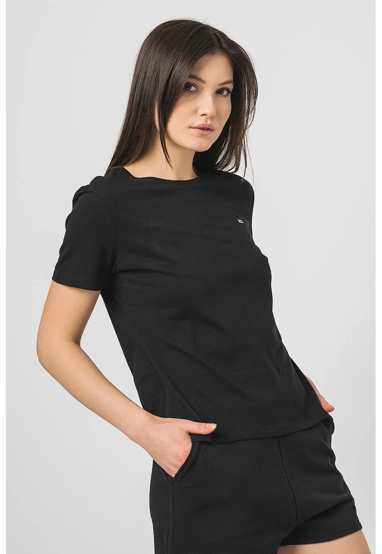 Tricou de bumbac organic cu decolteu la baza gatului, Negru