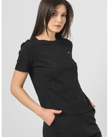 Tricou de bumbac organic cu decolteu la baza gatului, Negru