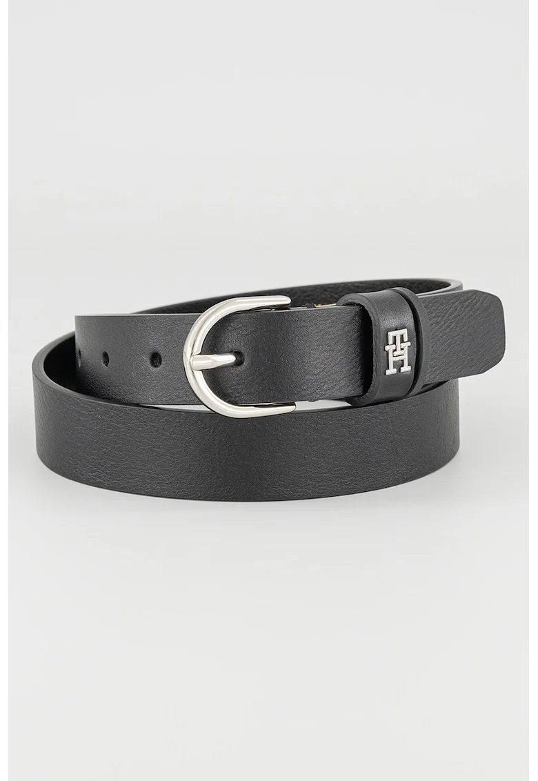 Curea subtire de piele cu logo, Negru