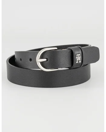 Curea subtire de piele cu logo, Negru