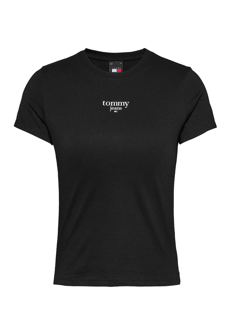 Tricou cu decolteu rotund si logo, Negru