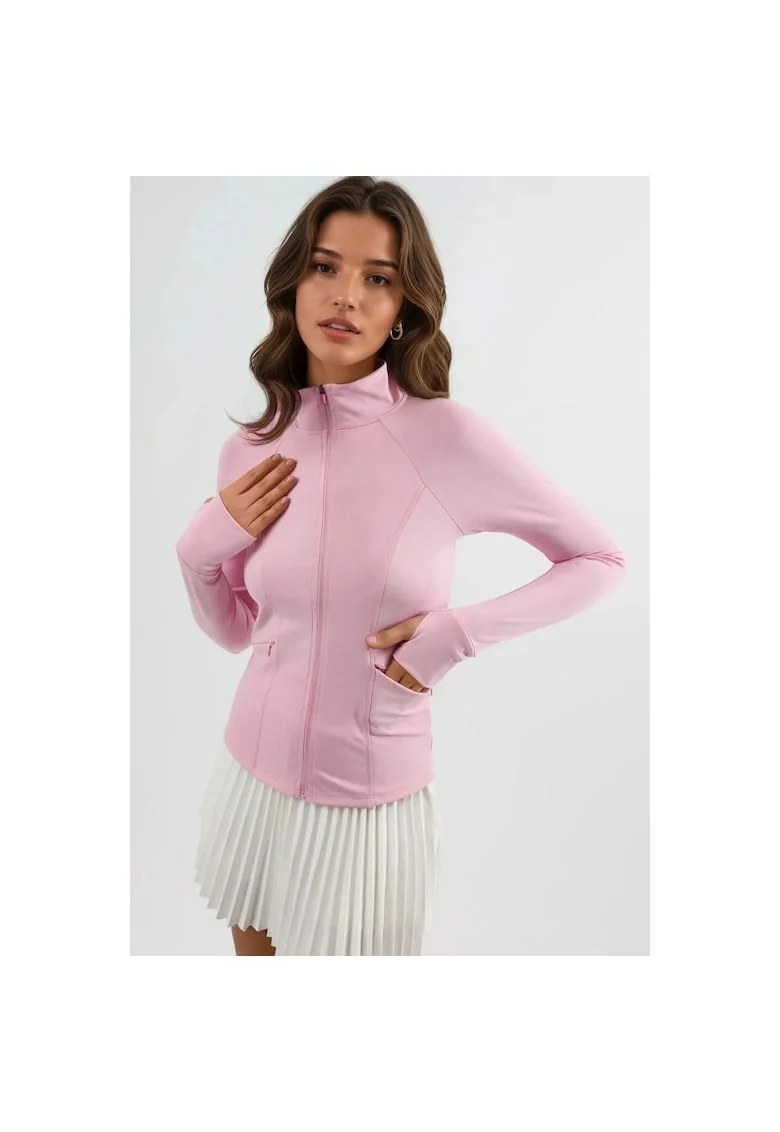 Bluza sport dama,  tricot, cu guler inalt, roz aprins