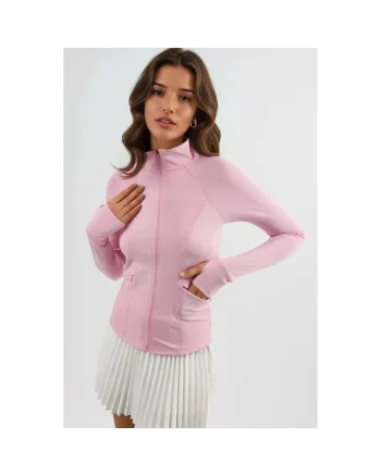 Bluza sport dama,  tricot, cu guler inalt, roz aprins