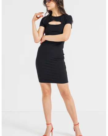 Rochie striata cu decupaj frontal, Negru