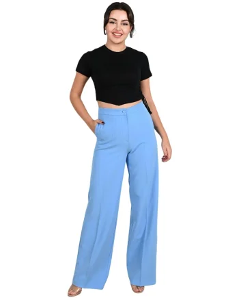 Pantaloni Dama, Drepti si eleganti, Talie inalta si croi drept, Bumbac, Albastru