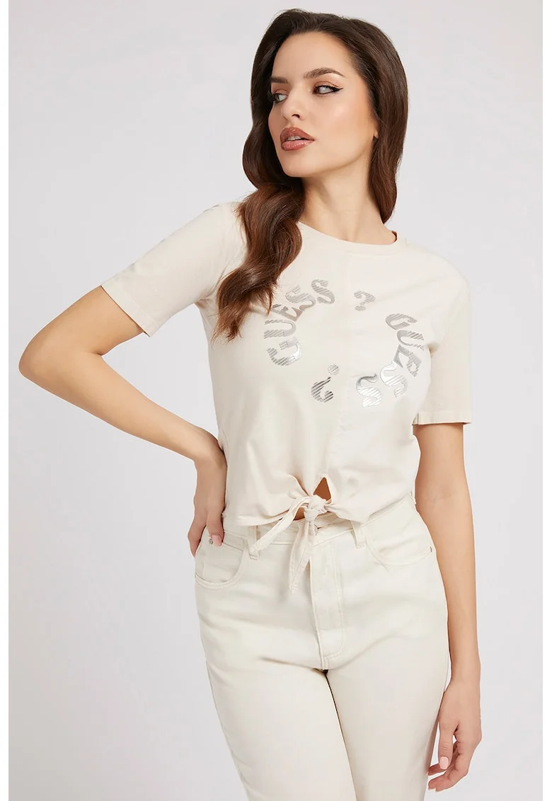 Tricou crop cu logo, Maro nisip