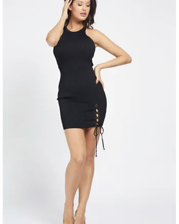 Rochie tricotata cu striatii si slit cu siret, Negru