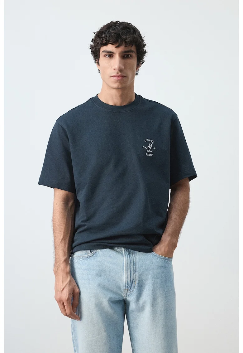 Tricou heavy cu croiala relaxed-fit si broderie, Bleumarin