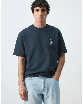 Tricou heavy cu croiala relaxed-fit si broderie, Bleumarin