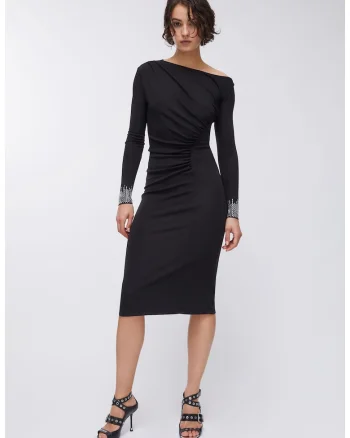 Rochie midi cambrata cu aplicatii cu mansete, Negru
