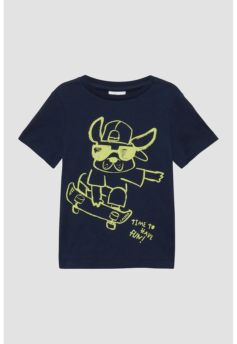 Tricou cu decolteu la baza gatului si imprimeu grafic, Verde lime/Bleumarin