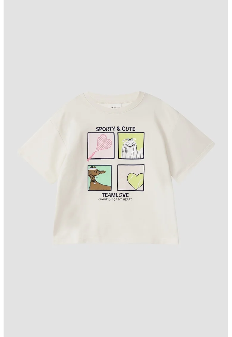 Tricou din amestec de bumbac cu imprimeu grafic, Verde/Alb fildes/Galben