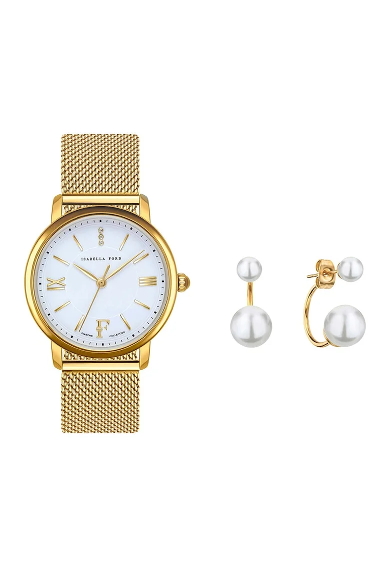 Amelia Parker, Set de cercei si ceas cu diamante, Auriu/Alb optic