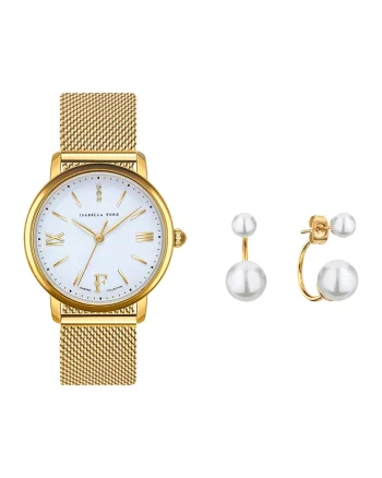 Amelia Parker, Set de cercei si ceas cu diamante, Auriu/Alb optic